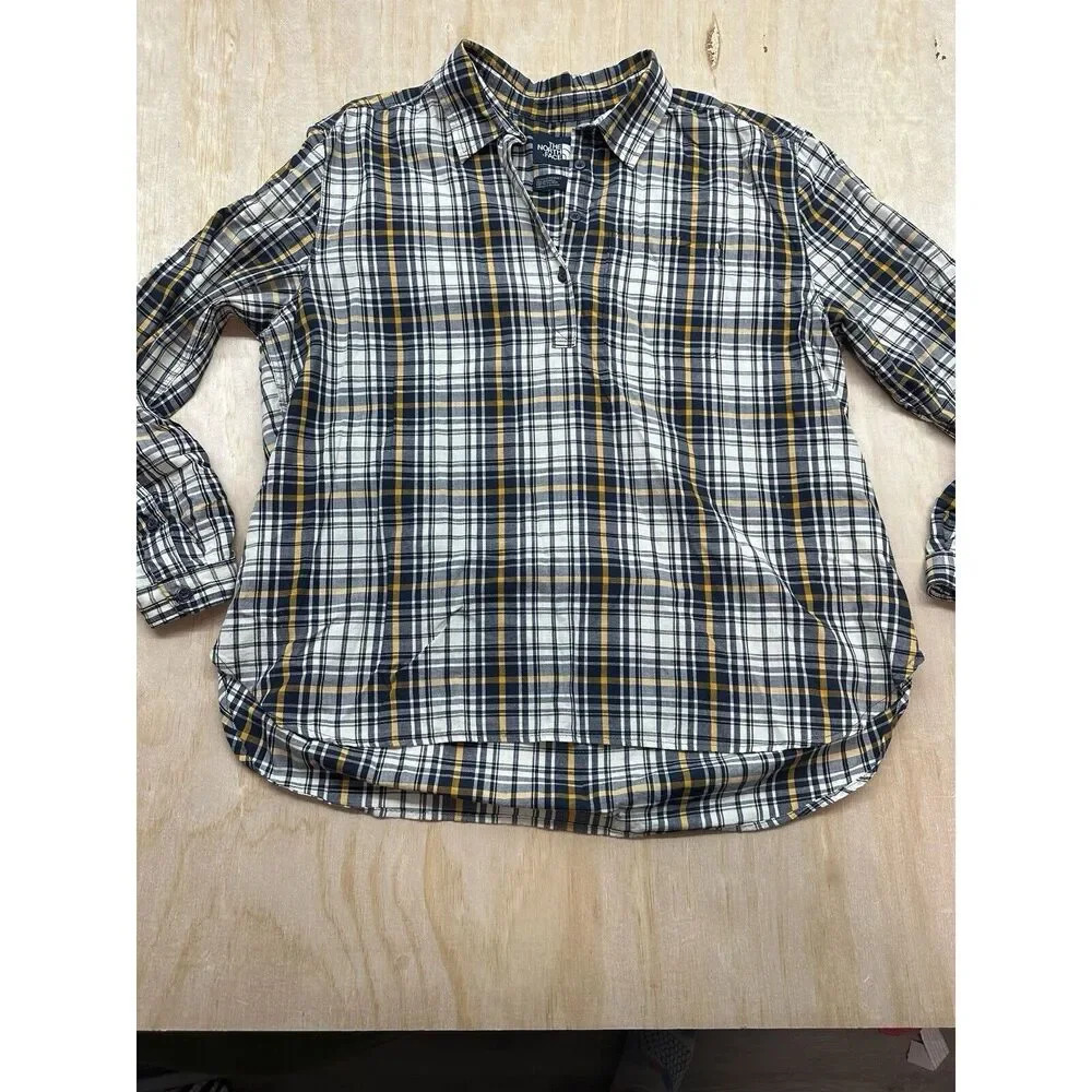 The North Face Women’s Button 1/4 Plaid‎ Cotton Short Blue Gold Long Sleeve L